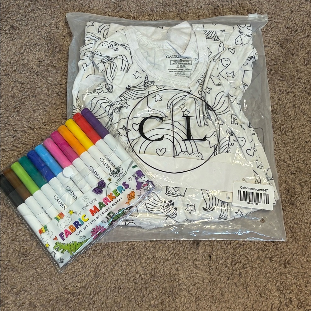 Caden Lane 4T Color Me Pajama Set - Unicorn - with Fabric Markers